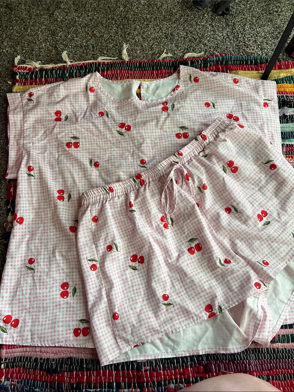 SHEIN Pink Gingham Cherry Short Pajama Set